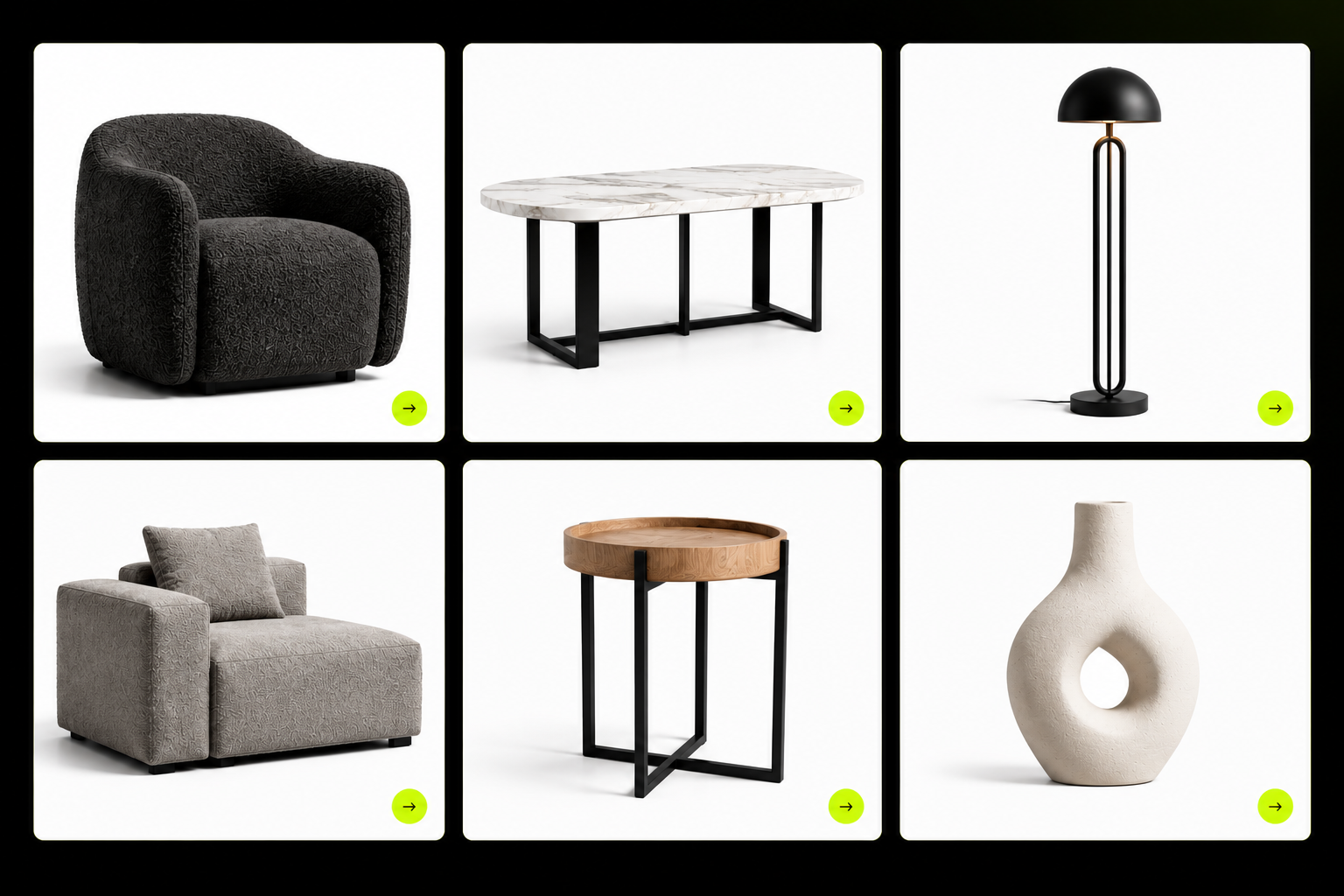 Voorbeelden van productfotografie door VNDR: meubels, parfum, keramiek, cosmetica, tassen en eyewear